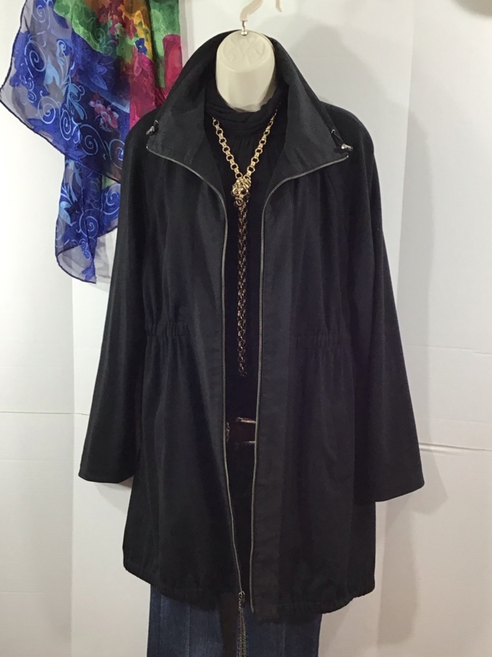 Tahari Black elastic waist Trench Coat with Zip Front